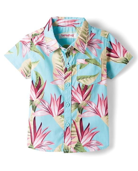 Babyhug Cotton Woven Half Sleeves Shirt & Shorts Set With Floral Print - Multicolor