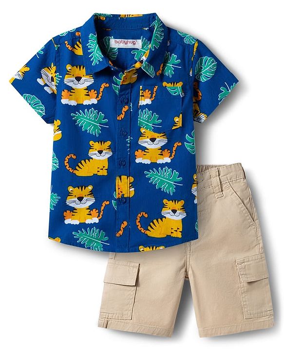 Babyhug Cotton Knit Half Sleeves Animal Printed Shirt & Shorts Set - Navy Blue & Beige