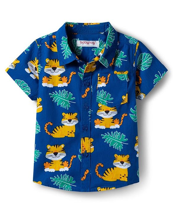 Babyhug Cotton Knit Half Sleeves Animal Printed Shirt & Shorts Set - Navy Blue & Beige