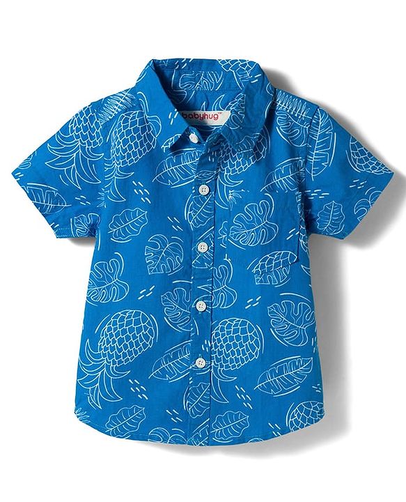 Babyhug Cotton Woven Half Sleeves Leaf Printed Shirt & Shorts Set - Beige & Blue
