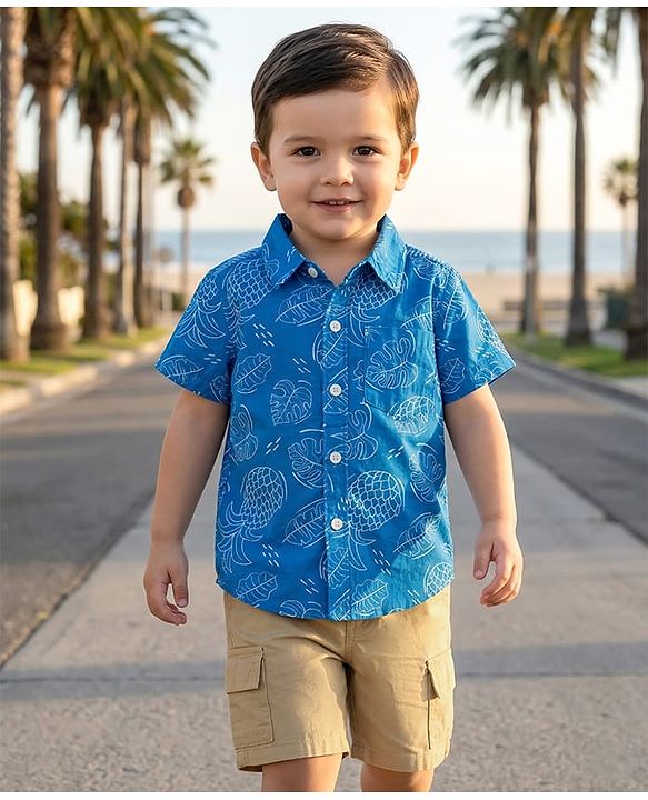 Babyhug Cotton Woven Half Sleeves Leaf Printed Shirt & Shorts Set - Beige & Blue