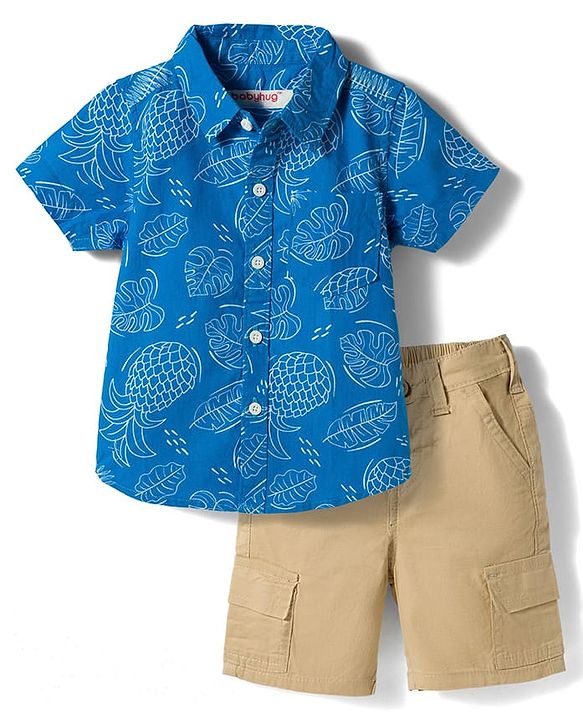 Babyhug Cotton Woven Half Sleeves Leaf Printed Shirt & Shorts Set - Beige & Blue