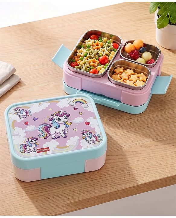 Babyhug 3 Compartment Insulated Lunch Box- Space Theme Navy Blue| 450 ml + 200 ml + 200 ml| BPA Free| Food Grade| Individual Air Tight Lids| School Lunch & Snack Box| Perfect for Travel - Blue