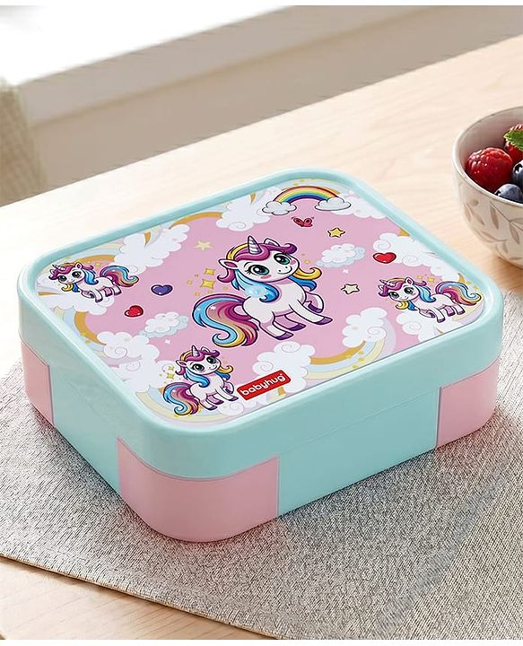 Babyhug 3 Compartment Insulated Lunch Box- Space Theme Navy Blue| 450 ml + 200 ml + 200 ml| BPA Free| Food Grade| Individual Air Tight Lids| School Lunch & Snack Box| Perfect for Travel - Blue