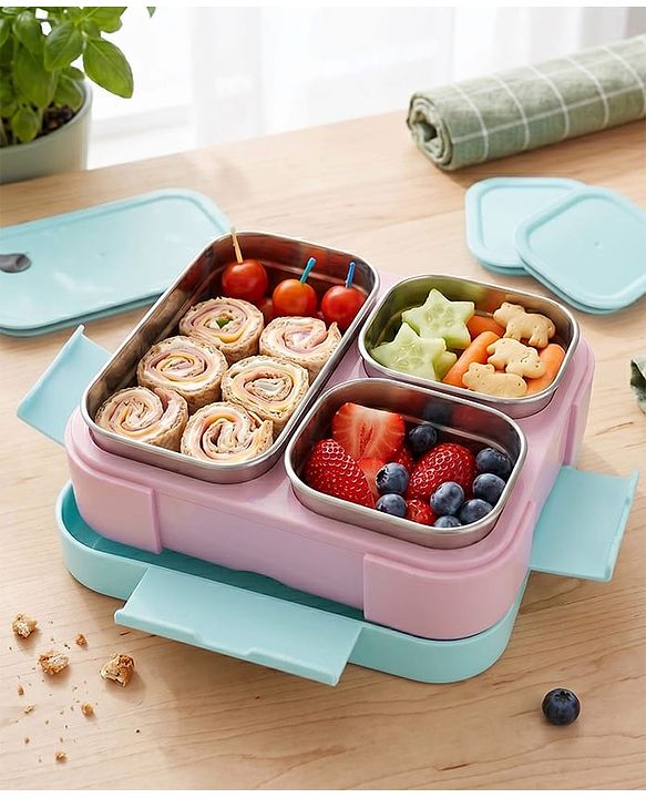 Babyhug 3 Compartment Insulated Lunch Box- Space Theme Navy Blue| 450 ml + 200 ml + 200 ml| BPA Free| Food Grade| Individual Air Tight Lids| School Lunch & Snack Box| Perfect for Travel - Blue