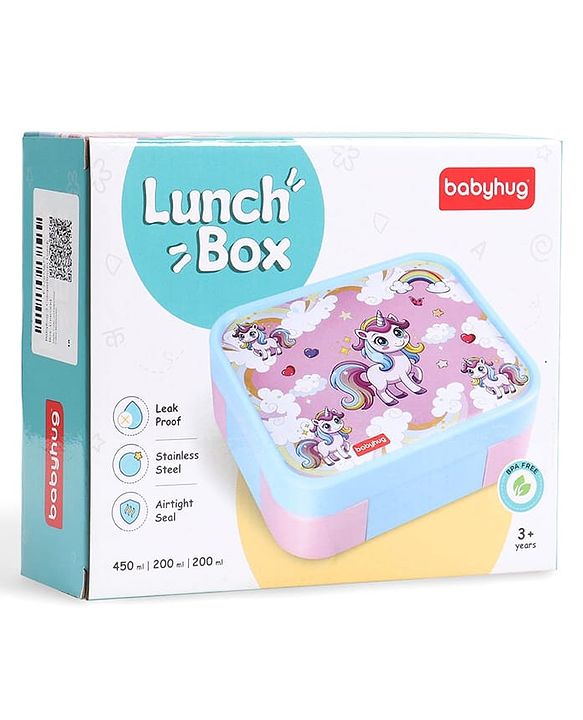 Babyhug 3 Compartment Insulated Lunch Box- Space Theme Navy Blue| 450 ml + 200 ml + 200 ml| BPA Free| Food Grade| Individual Air Tight Lids| School Lunch & Snack Box| Perfect for Travel - Blue