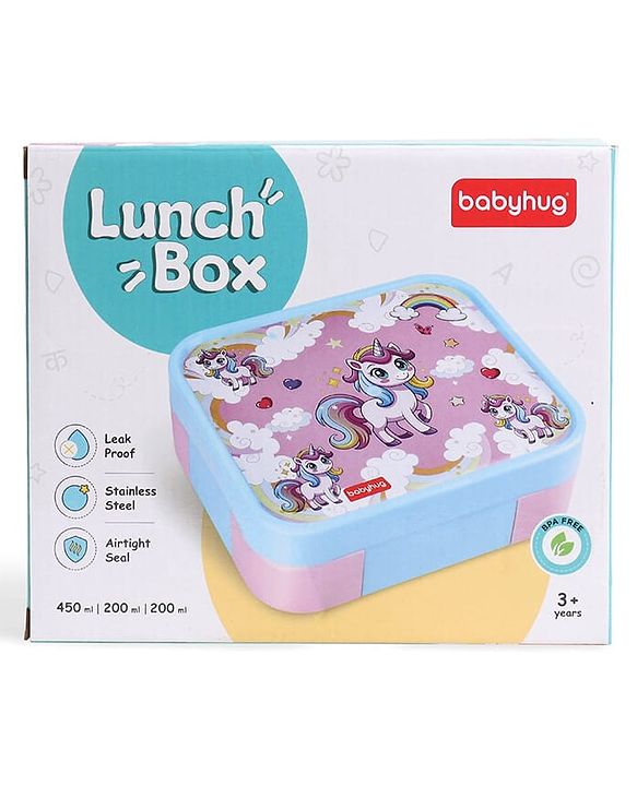 Babyhug 3 Compartment Insulated Lunch Box- Space Theme Navy Blue| 450 ml + 200 ml + 200 ml| BPA Free| Food Grade| Individual Air Tight Lids| School Lunch & Snack Box| Perfect for Travel - Blue