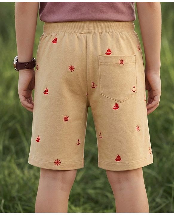 Pine Kids Looper Above Knee Length Shorts with Anchor Print - Tan