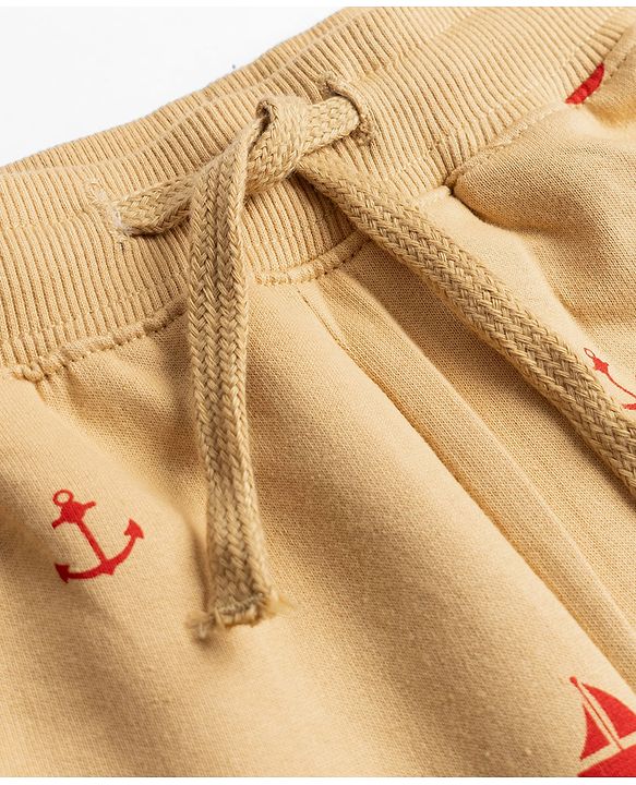 Pine Kids Looper Above Knee Length Shorts with Anchor Print - Tan