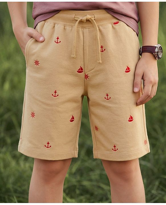 Pine Kids Looper Above Knee Length Shorts with Anchor Print - Tan