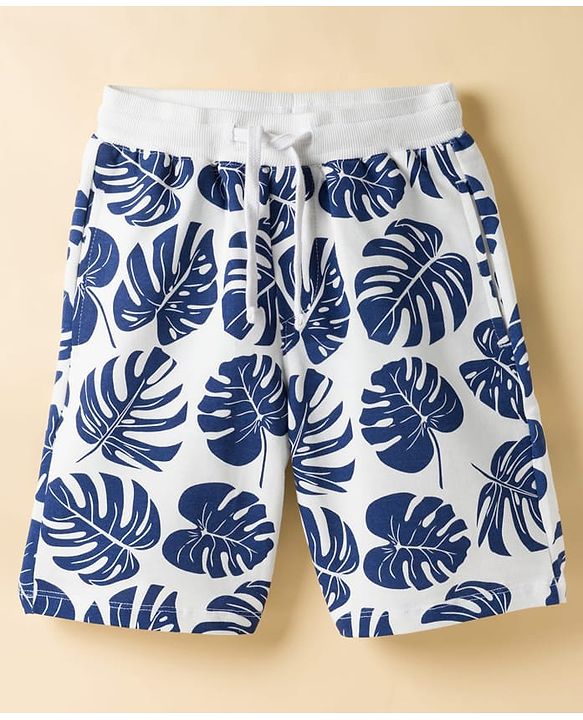 Pine Kids Looper Knit Above Knee Length Shorts with Leaf Print - White