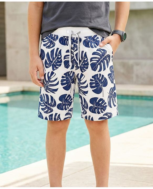 Pine Kids Looper Knit Above Knee Length Shorts with Leaf Print - White