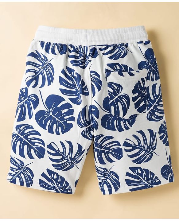 Pine Kids Looper Knit Above Knee Length Shorts with Leaf Print - White