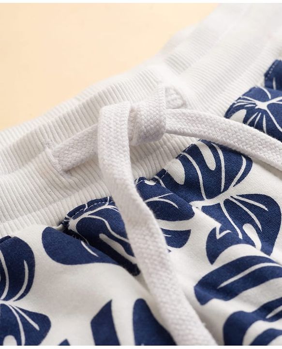 Pine Kids Looper Knit Above Knee Length Shorts with Leaf Print - White