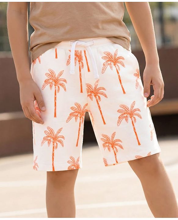 Pine Kids Looper Knit Above Knee Length Shorts with Coconut Tree Print - Off White