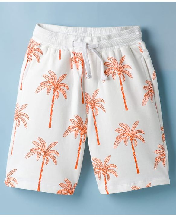 Pine Kids Looper Knit Above Knee Length Shorts with Coconut Tree Print - Off White