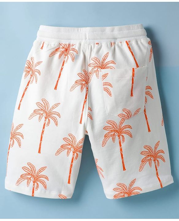 Pine Kids Looper Knit Above Knee Length Shorts with Coconut Tree Print - Off White