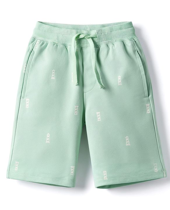 Pine Kids Looper Above Knee Length Shorts with Light House Print - Sea Green