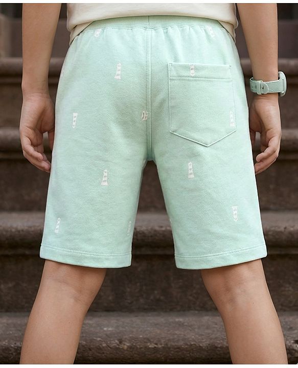 Pine Kids Looper Above Knee Length Shorts with Light House Print - Sea Green