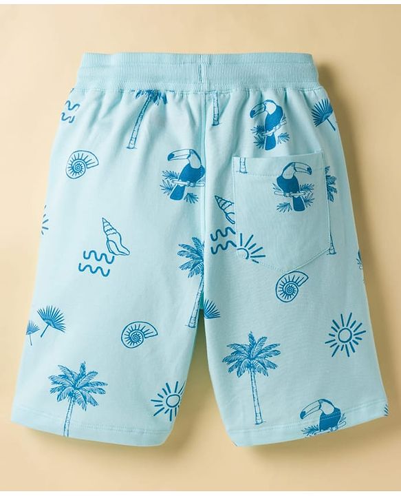 Pine Kids Looper Knit Above Knee Length Shorts with Beach Theme Print - Sea Green