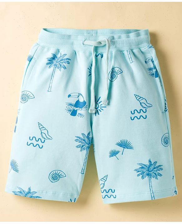 Pine Kids Looper Knit Above Knee Length Shorts with Beach Theme Print - Sea Green