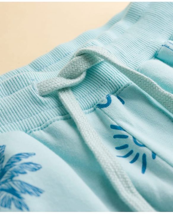 Pine Kids Looper Knit Above Knee Length Shorts with Beach Theme Print - Sea Green
