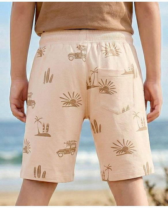 Pine Kids Looper Knit Above Knee Length Short with Beach Theme Print - Off White