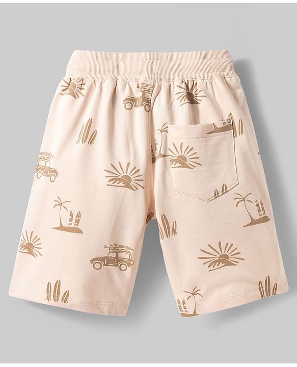 Pine Kids Looper Knit Above Knee Length Short with Beach Theme Print - Off White