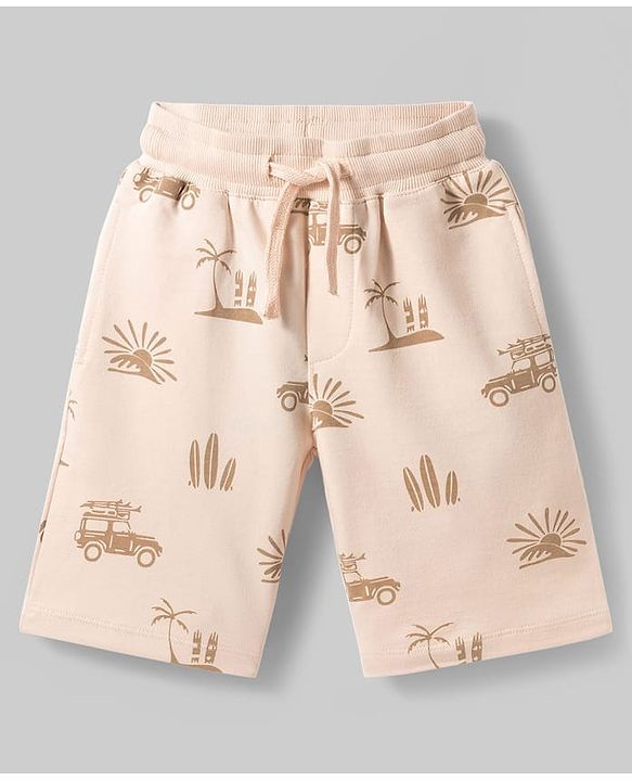 Pine Kids Looper Knit Above Knee Length Short with Beach Theme Print - Off White