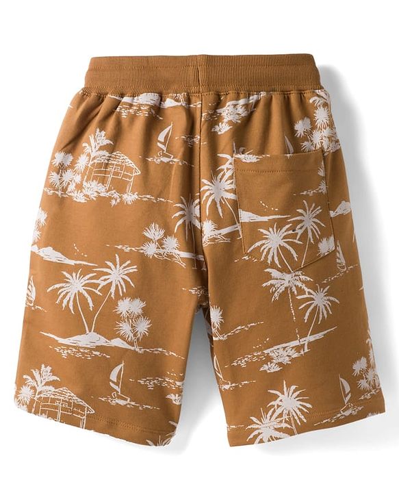 Pine Kids Looper Knit Above Knee Length Shorts with Beach Theme Print - Brown