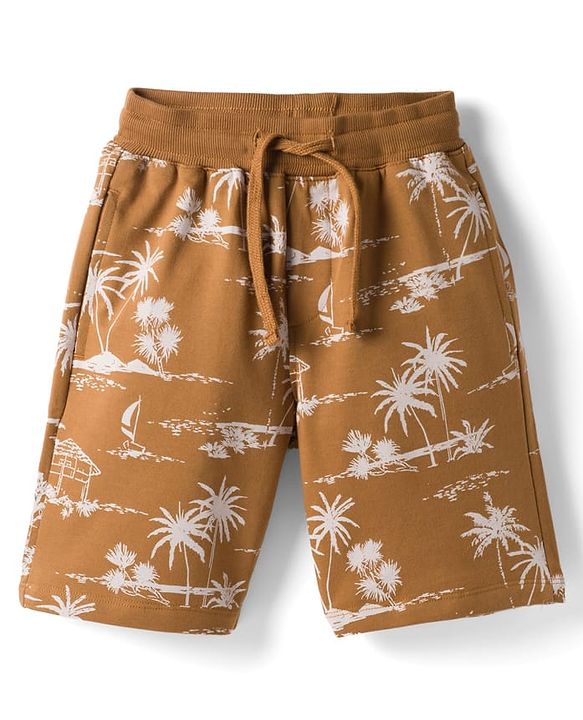 Pine Kids Looper Knit Above Knee Length Shorts with Beach Theme Print - Brown