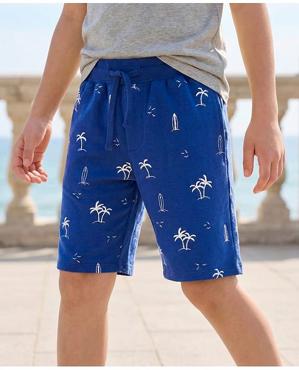 Pine Kids Looper Knit Above Knee Length Shorts with Beach Theme Print - Navy Blue