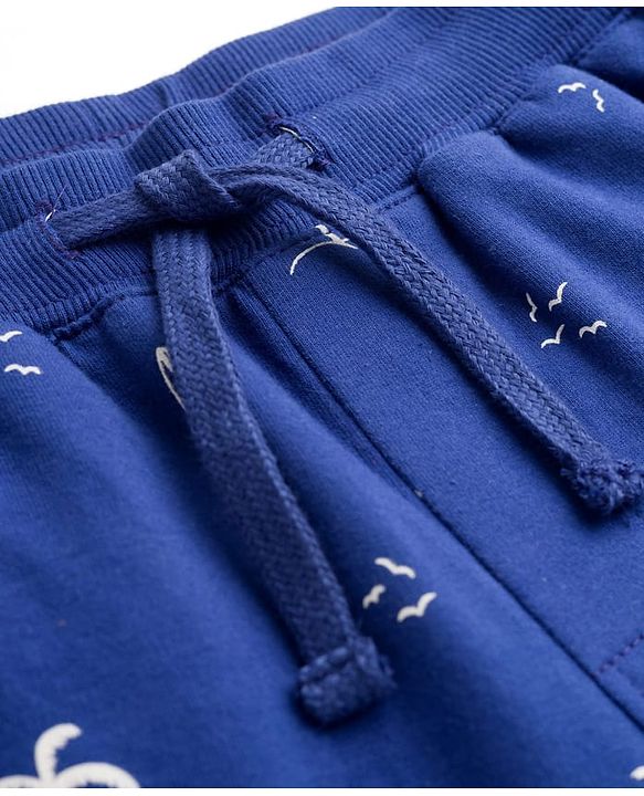 Pine Kids Looper Knit Above Knee Length Shorts with Beach Theme Print - Navy Blue