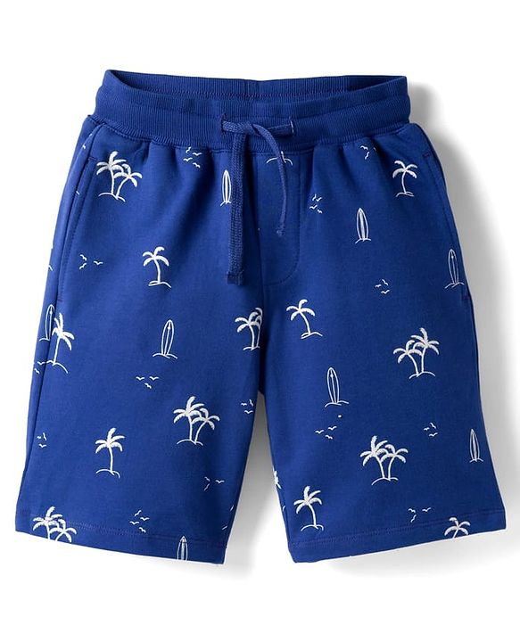 Pine Kids Looper Knit Above Knee Length Shorts with Beach Theme Print - Navy Blue