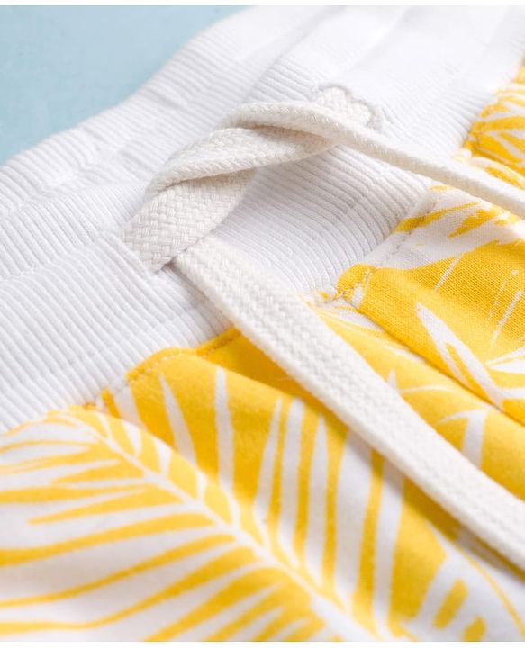 Pine Kids Looper Knit Above Knee Length Shorts with Leaf Print - Light Yellow
