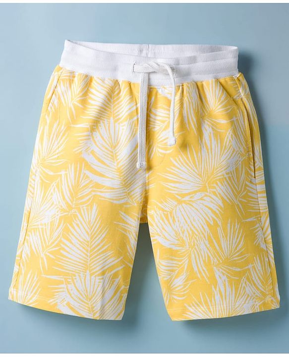 Pine Kids Looper Knit Above Knee Length Shorts with Leaf Print - Light Yellow