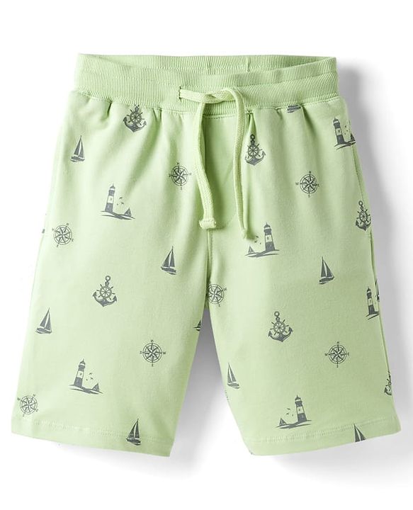Pine Kids Looper Knit Above Knee Length Shorts with Nautical Theme Print - Light Green