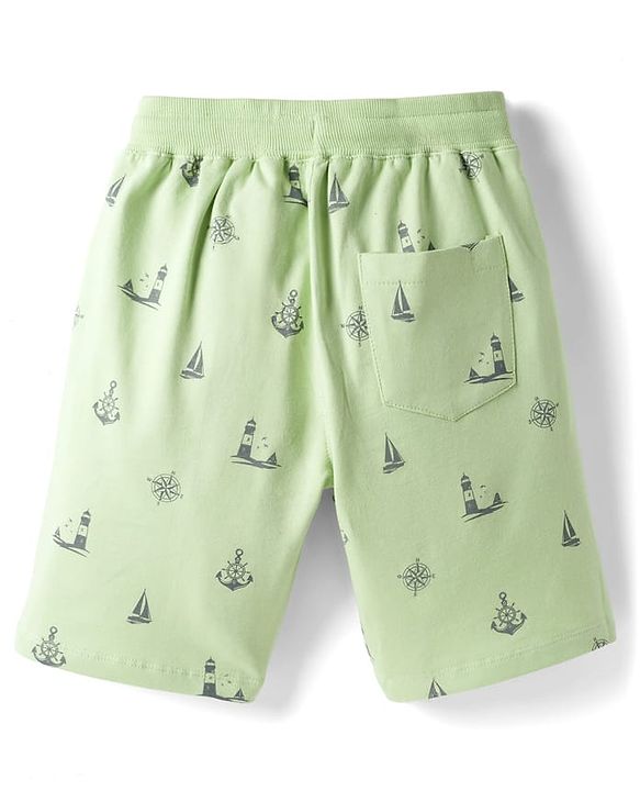 Pine Kids Looper Knit Above Knee Length Shorts with Nautical Theme Print - Light Green