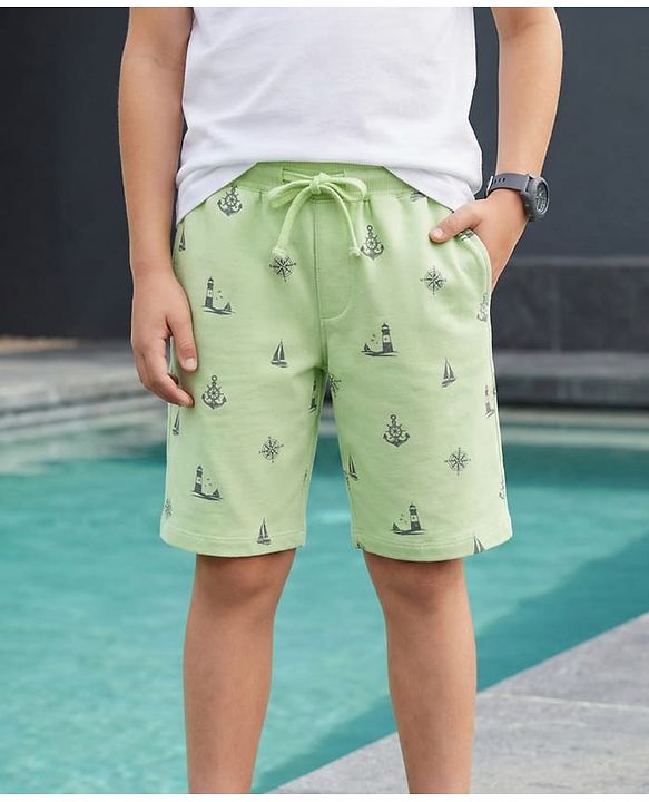Pine Kids Looper Knit Above Knee Length Shorts with Nautical Theme Print - Light Green