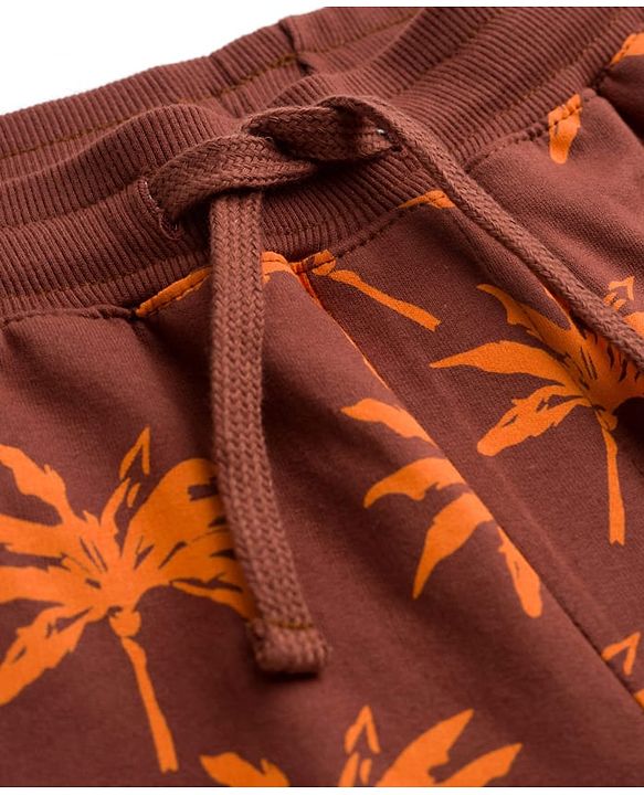Pine Kids Looper Knit Above Knee Length Tree Printed Shorts - Dark Brown