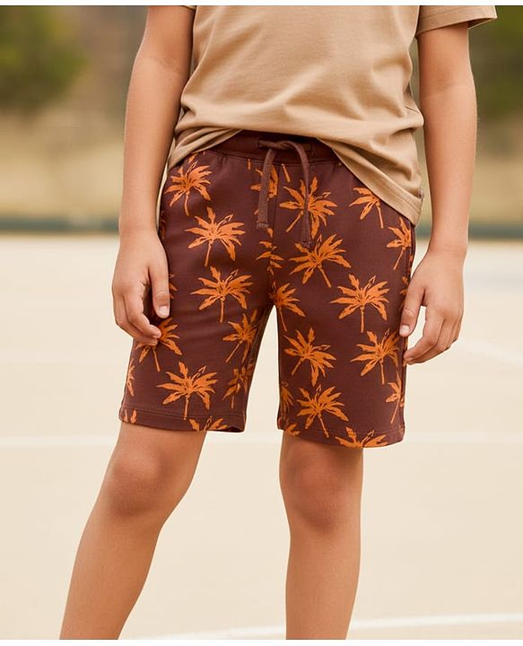 Pine Kids Looper Knit Above Knee Length Tree Printed Shorts - Dark Brown