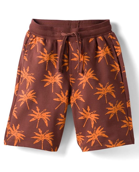 Pine Kids Looper Knit Above Knee Length Tree Printed Shorts - Dark Brown