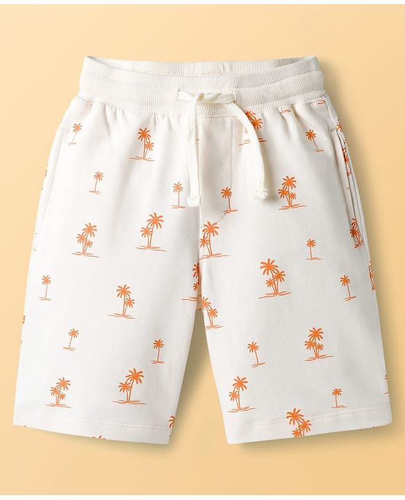 Pine Kids Looper Knit Above Knee Length Shorts with Coconut Tree Print - Lemon