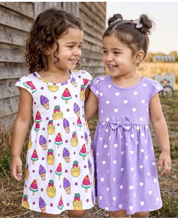 Babyhug 100% Cotton Knit Cap Sleeves Ice Cream & Hearts Printed Frocks Pack Of 2 - Multicolour