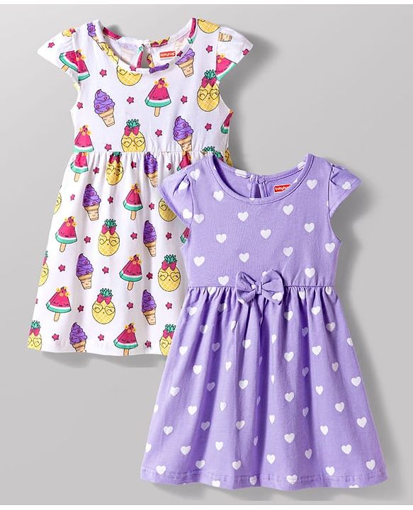 Babyhug 100% Cotton Knit Cap Sleeves Ice Cream & Hearts Printed Frocks Pack Of 2 - Multicolour