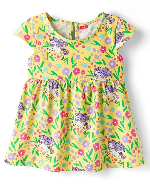 Babyhug Knitted Half Sleeves Floral Printed Frocks with Bow Applique Pack of 2 - Pink & Yellow