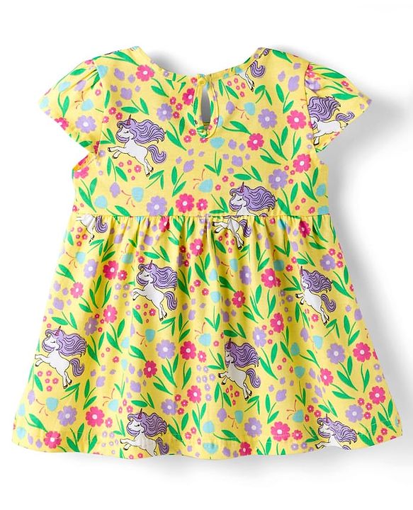 Babyhug Knitted Half Sleeves Floral Printed Frocks with Bow Applique Pack of 2 - Pink & Yellow
