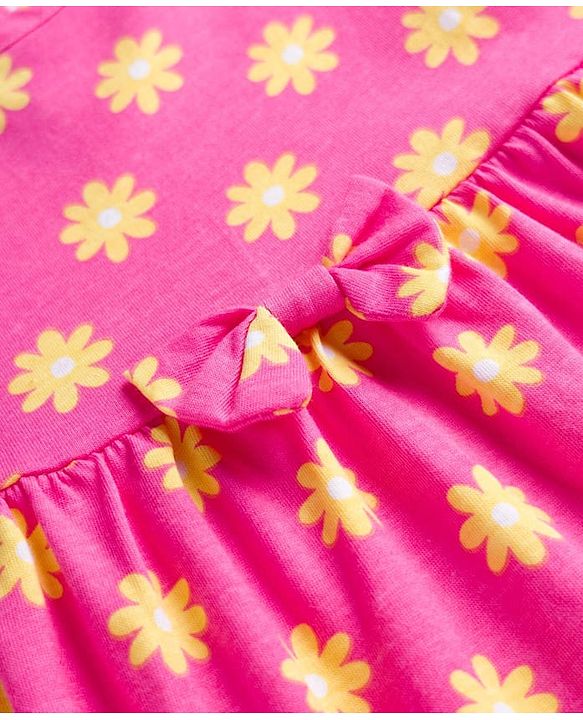 Babyhug Knitted Half Sleeves Floral Printed Frocks with Bow Applique Pack of 2 - Pink & Yellow