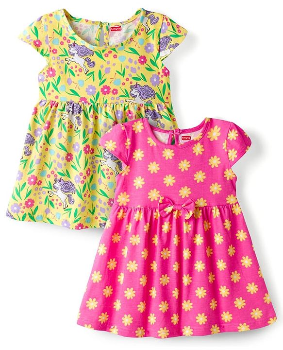Babyhug Knitted Half Sleeves Floral Printed Frocks with Bow Applique Pack of 2 - Pink & Yellow