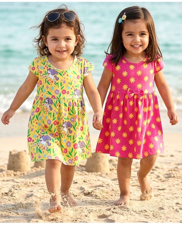 Babyhug Knitted Half Sleeves Floral Printed Frocks with Bow Applique Pack of 2 - Pink & Yellow